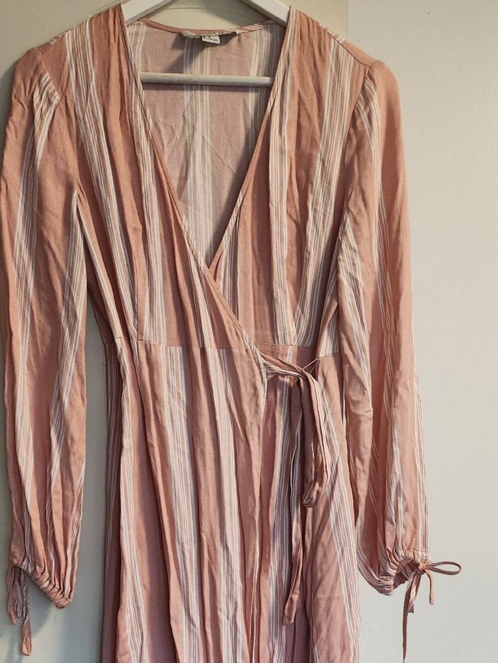 Women’s Light Pink White Striped Cotton Wrap Dress Boho Long Sleeve Tie Waist